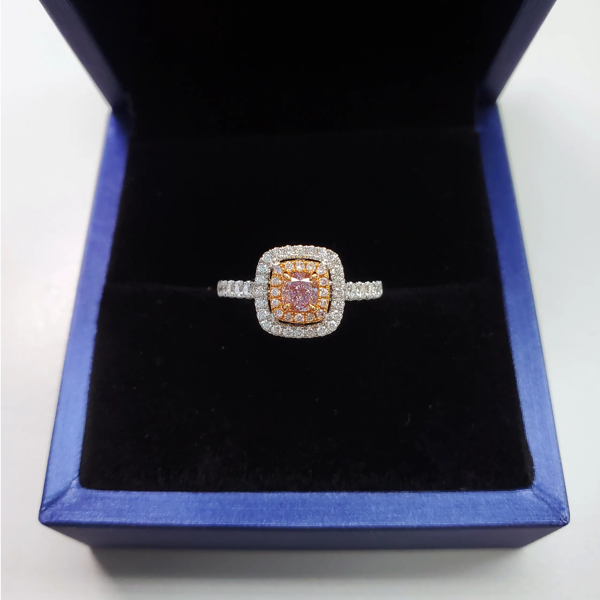 Cushion-cut pink-purple diamond double-halo ring — bespoke for a WILLS JEWELLERY client