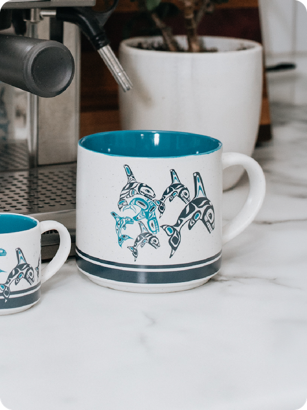 Orca Family 16oz Ceramic Mug by Paul Windsor, Haisla, Heiltsuk