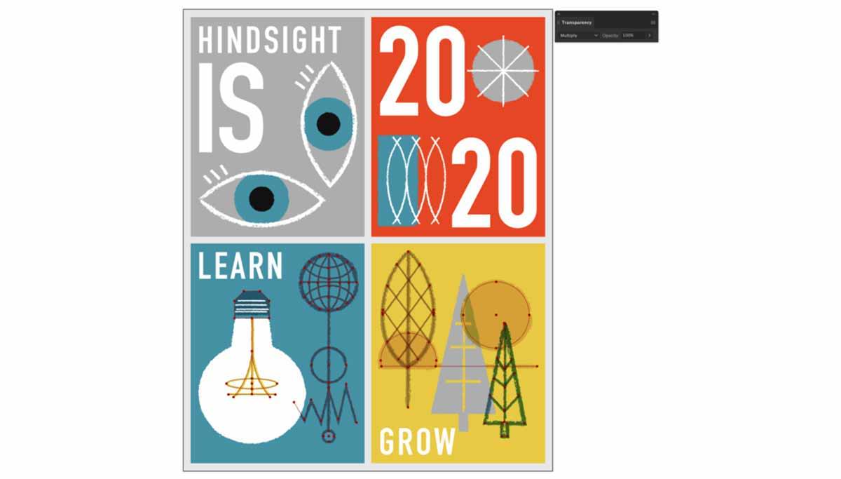 Four posters in varying colors with geometric designs. Some shapes are selected and their transparency changed to multiply.