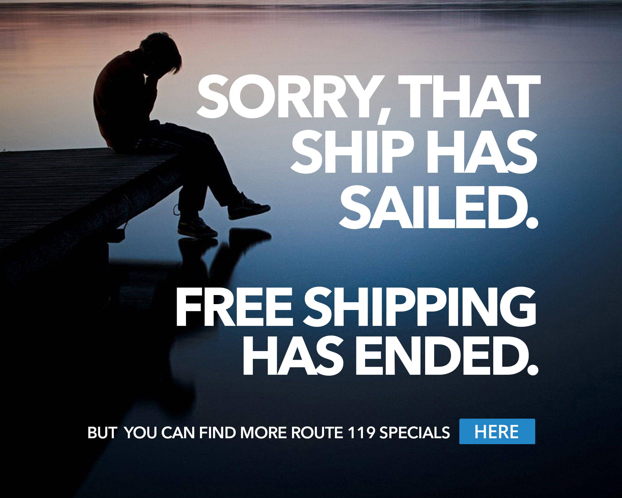 Sorry, that ship has sailed. Free Shipping has ended. But you can find more Route 119 Specials by clicking here https://route119.com/pages/clearance