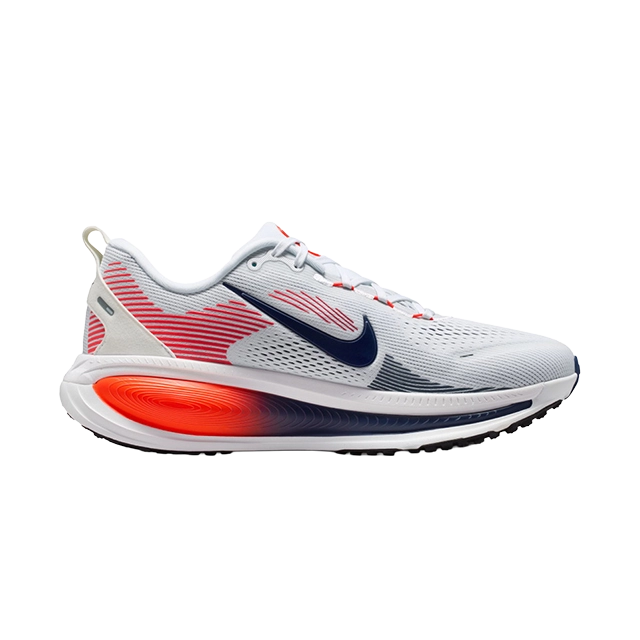 Nike running shoe with a gray and red design.