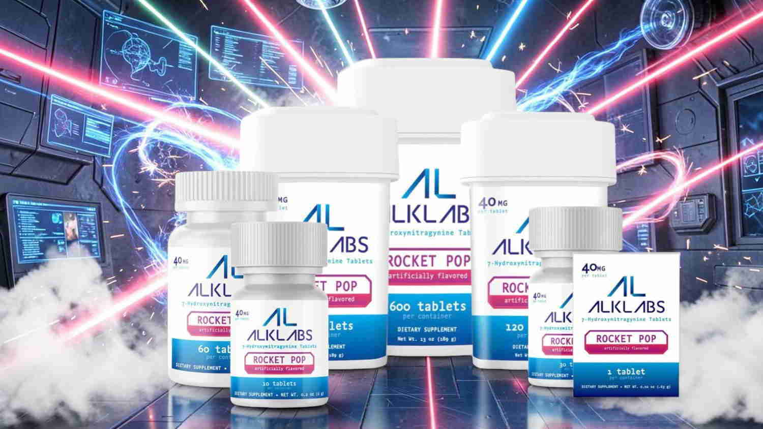 Various health supplement bottles with a colorful, dynamic background.