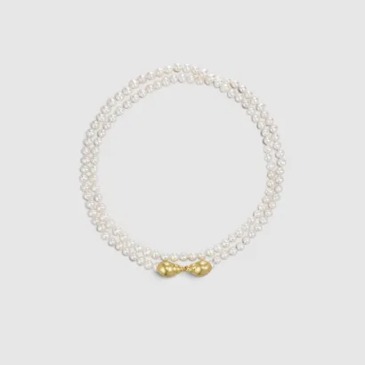 A double-stranded pearl necklace with a gold clasp.