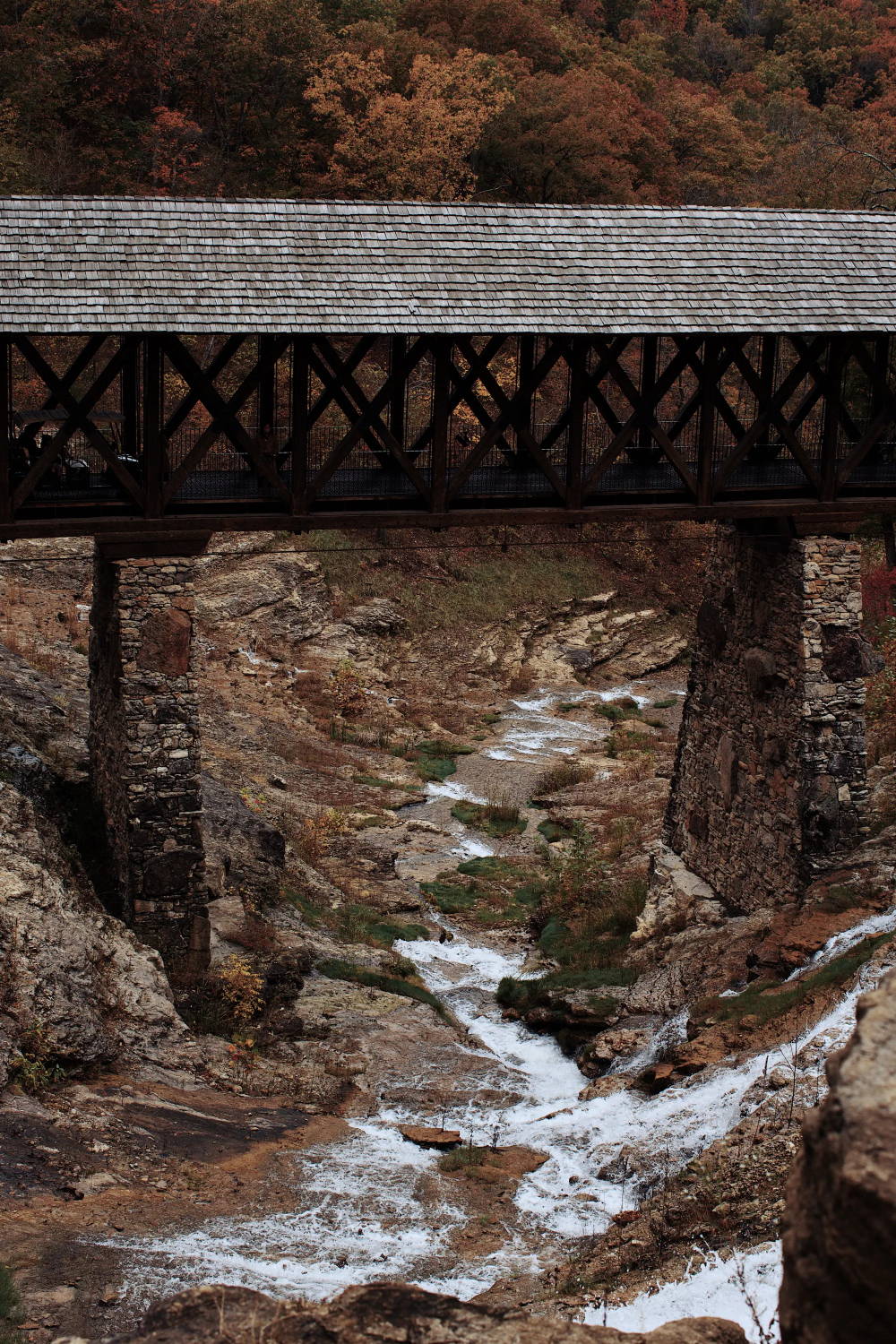 Wood and stone bridge over a hidden mountain waterfall.