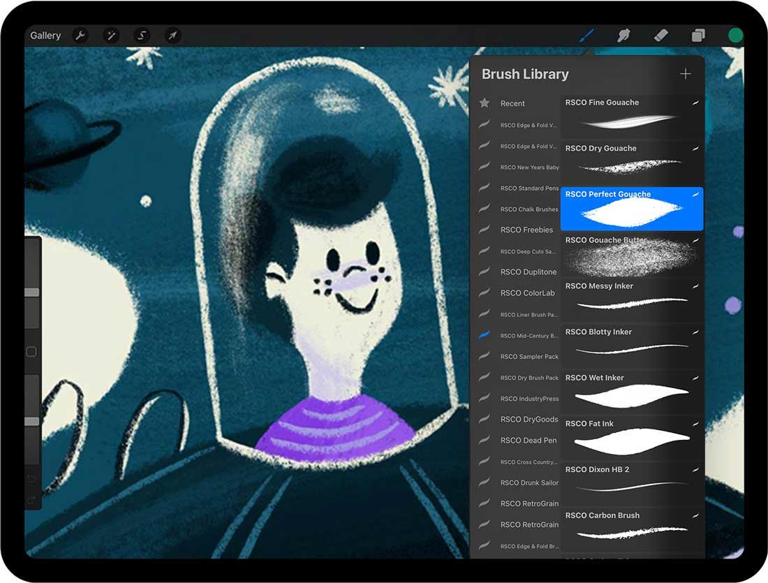 Illustration of boy in UFO in Procreate app with Brush Library panel open and RSCO Perfect Gouache brush selected on iPad