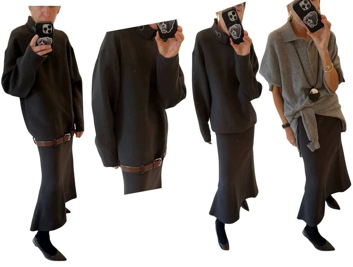 Four images of a person modeling various outfits.