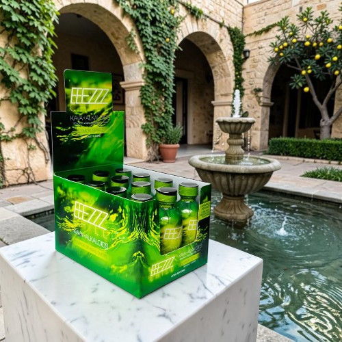 Green beverage packaging displayed near a fountain in a courtyard.
