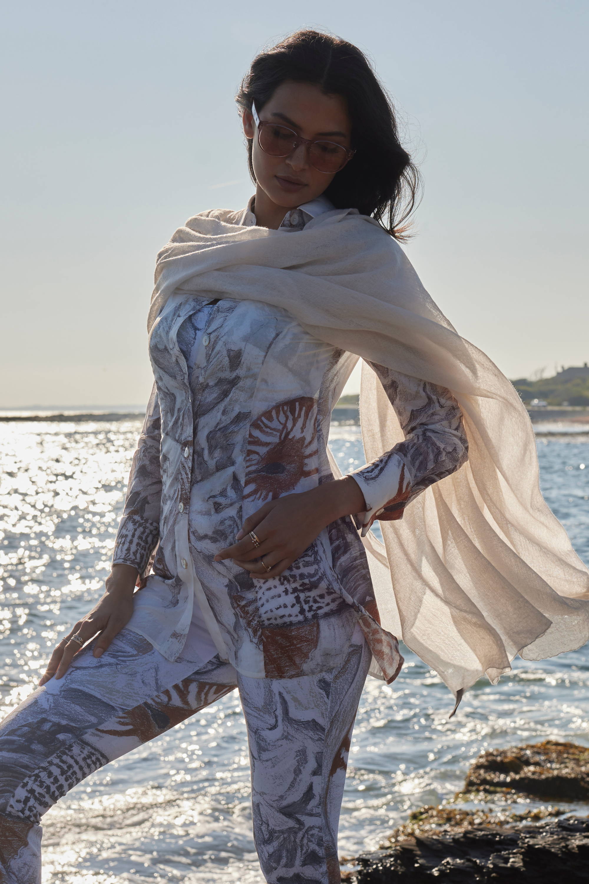Woman wearing cashmere scarf with printed cotton shirt and pants by Ala von Auersperg in Newport Rhode Island