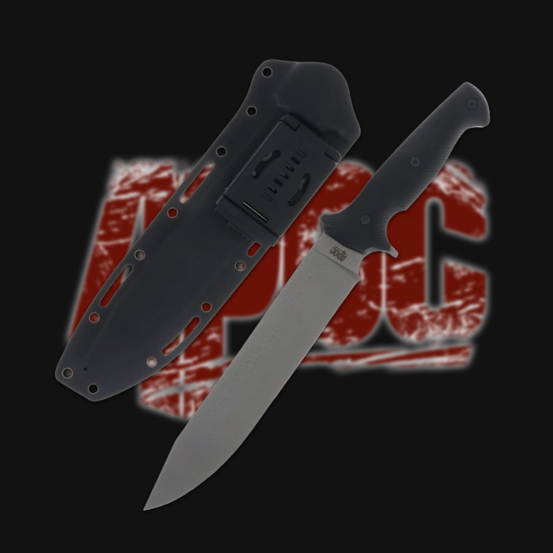 A knife with a black sheath on a dark background.