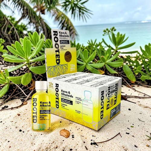 A bottle and box of Rooted product on a sandy beach.