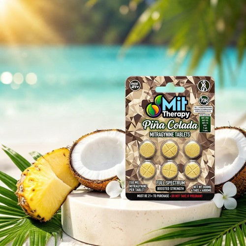 Mit Therapy Pina Colada supplement on a tropical beach background.