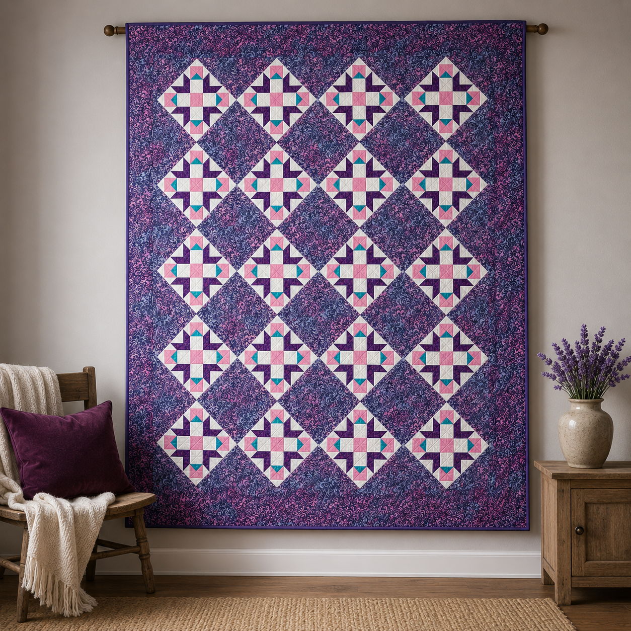 A colorful quilt displayed on a wall in a cozy room setting.