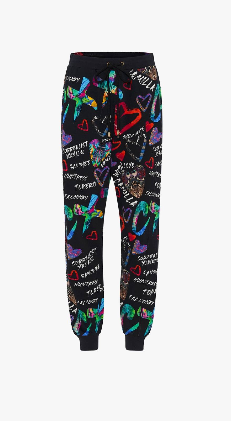 long black CAMILLA graphic printed pants on grey background