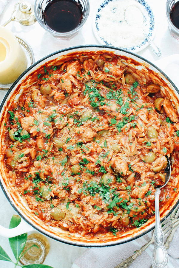 Skillet Orzo with tomatoes and olives
