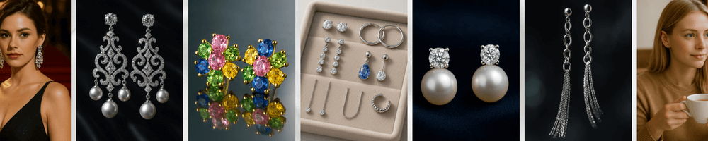 Collage of earrings including diamond chandelier earrings, pearl drop earrings, gemstone cluster earrings, and stud earrings