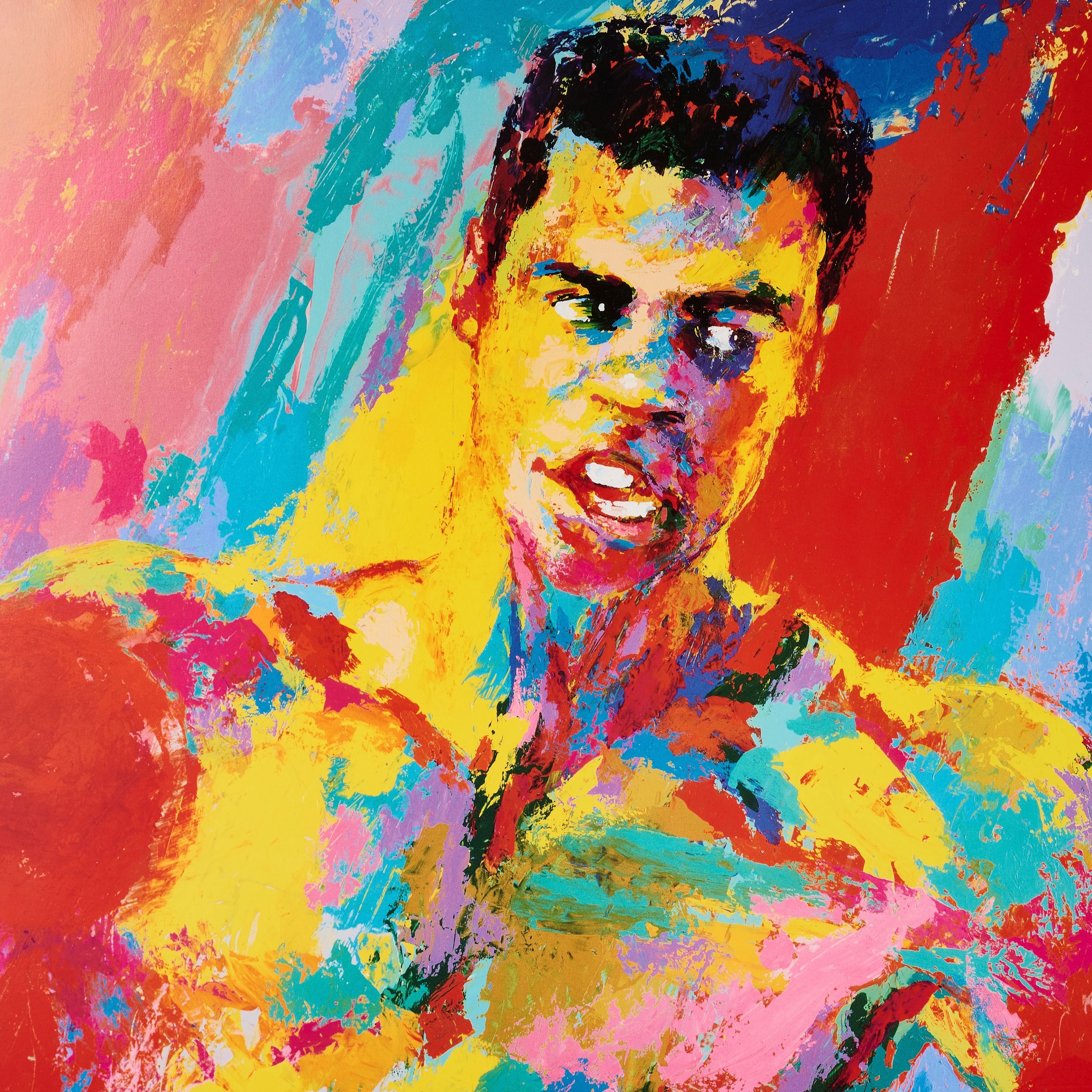 Vibrant, multi-color abstract portrait of a young Muhammad Ali with an intense expression.