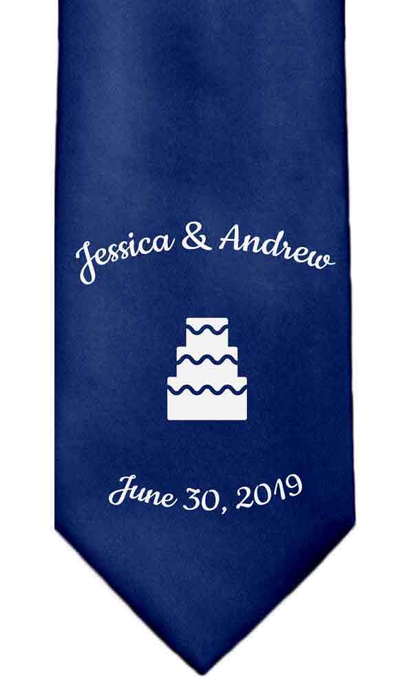 Custom necktie with bride and groom's names, wedding date and a wedding cake