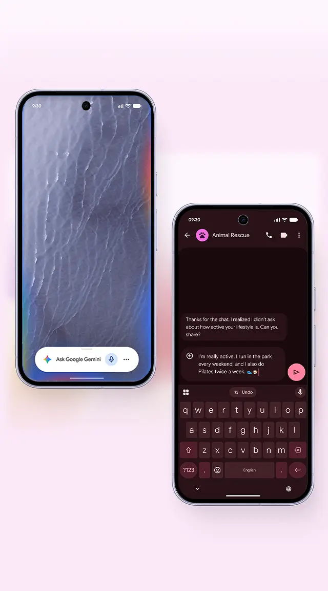 Two smartphones displaying a messaging app on a pink background.