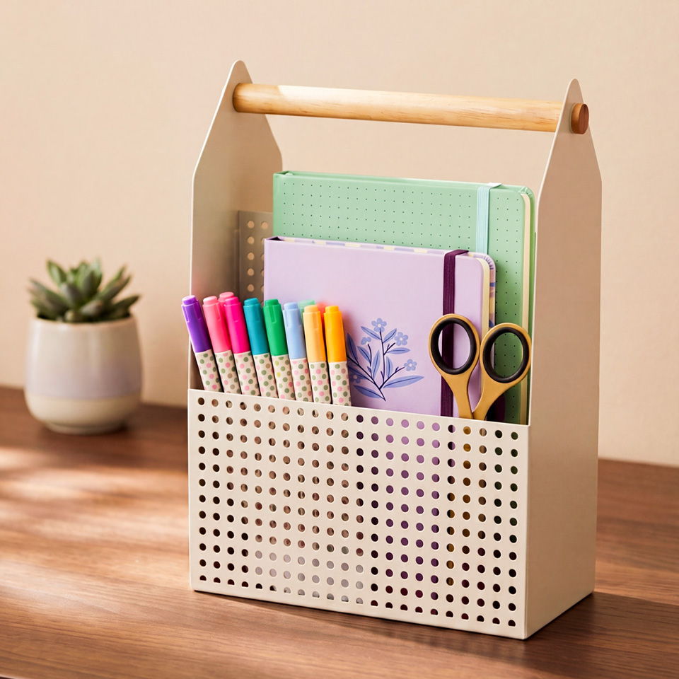 A storage caddy with markers, scissors, and notebooks on a wooden table.