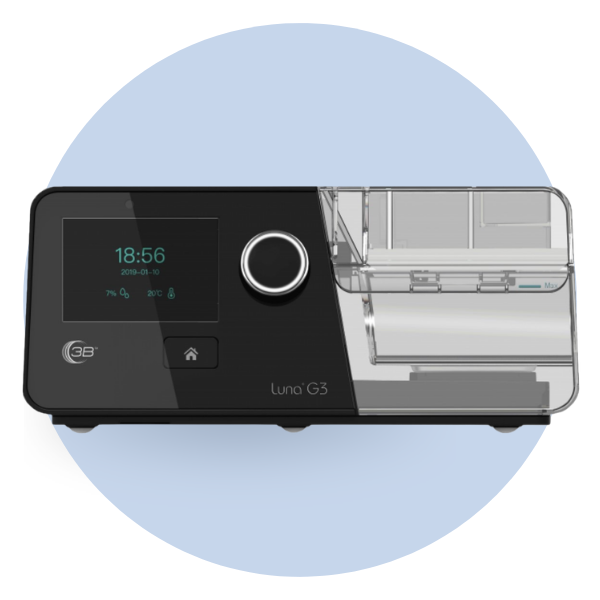 CPAP machine with display and control knob on a circular background.