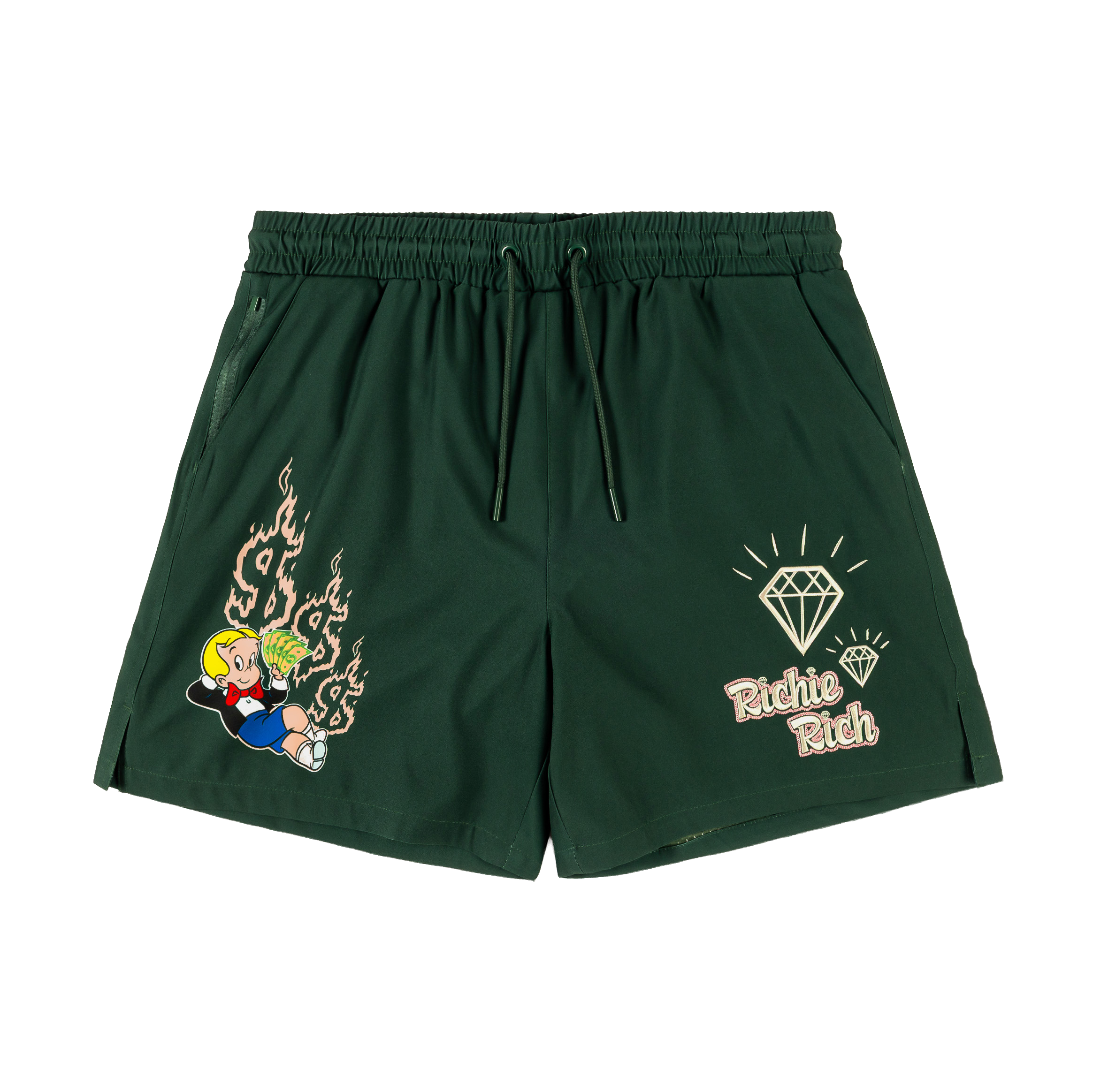 Green shorts with cartoon graphics and text designs.