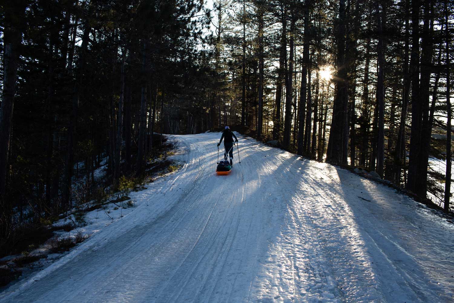 Person splitboarding down a snowy path surrounded by trees.