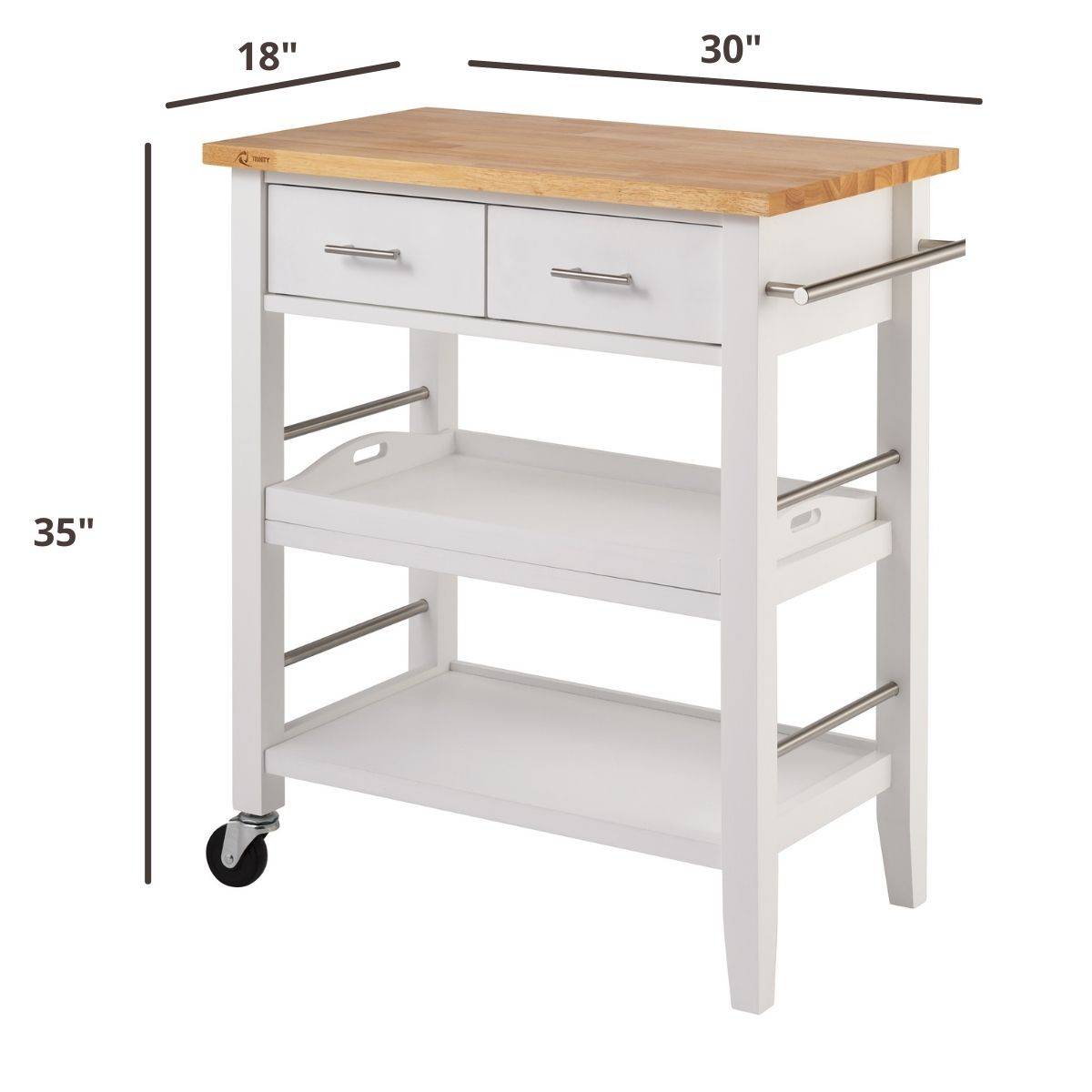 35 inches tall by 30 inches wide by 18 inches deep white kitchen cart