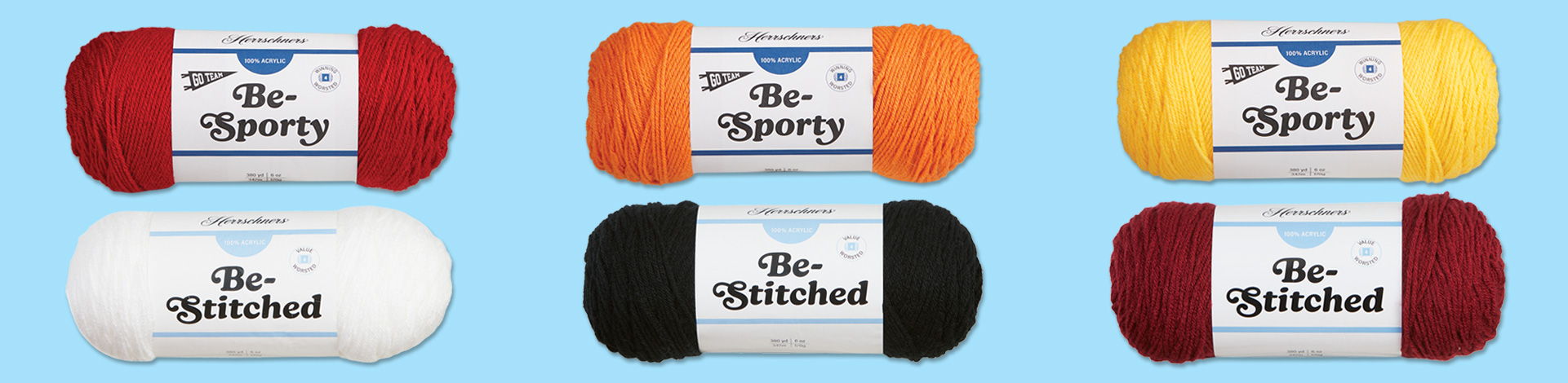 Four yarn skeins in various colors on a light blue background.