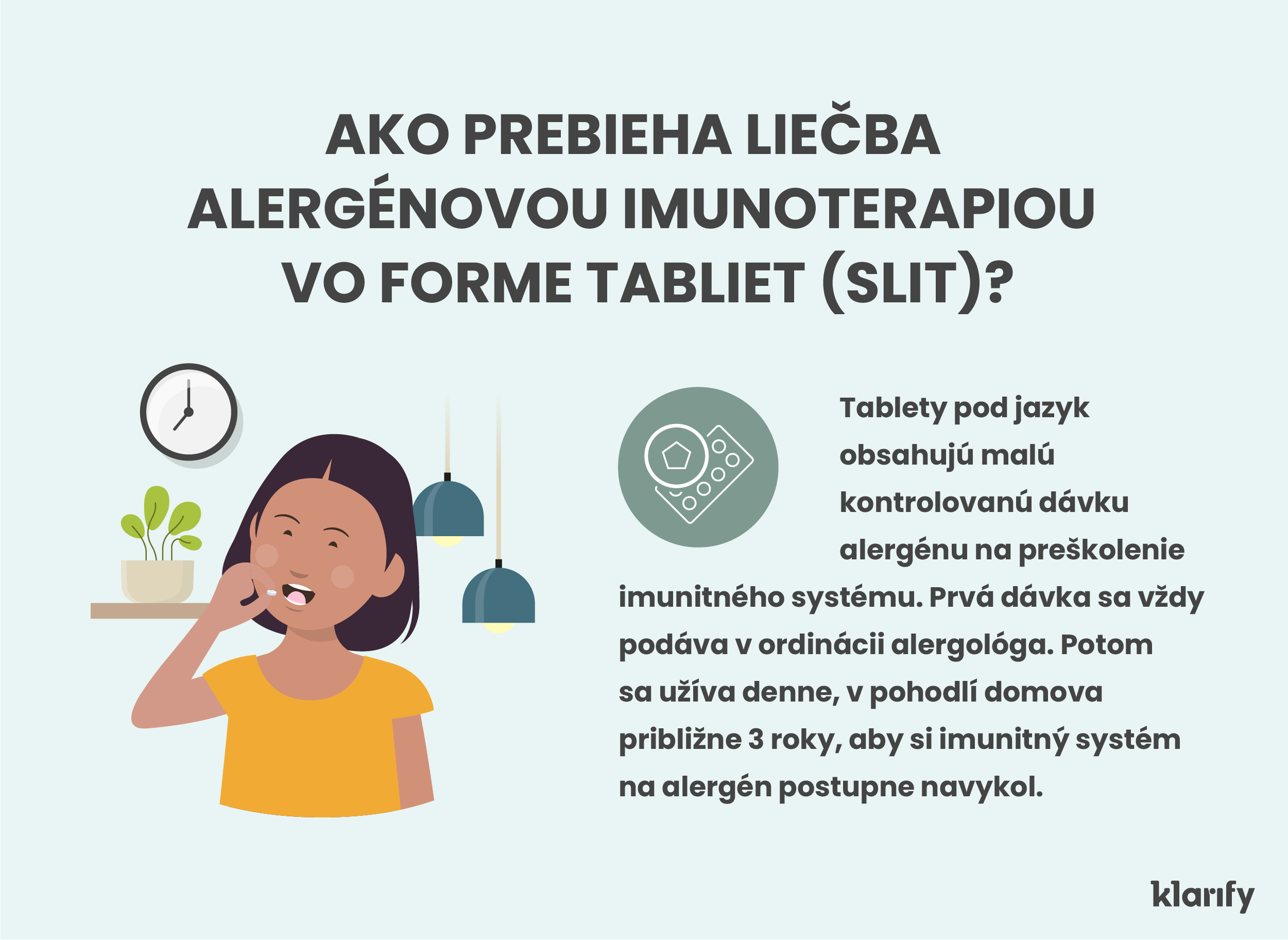  Infografika popisujúca tabletovú formu alergénovej imunoterapie (sublinguálna forma). Podrobnosti infografiky sú uvedené nižšie