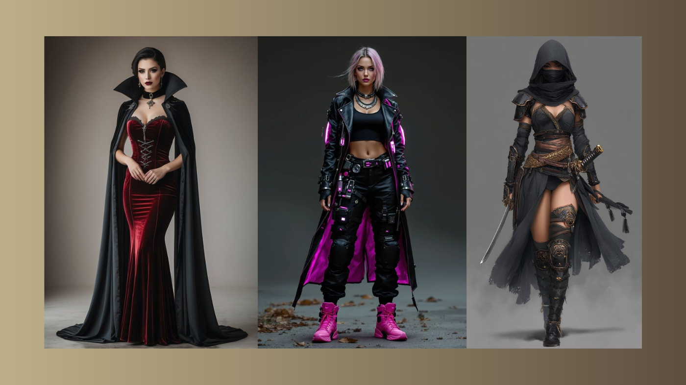 Different cosplay looks showcasing a variety of character styles, costumes, and creative interpretations