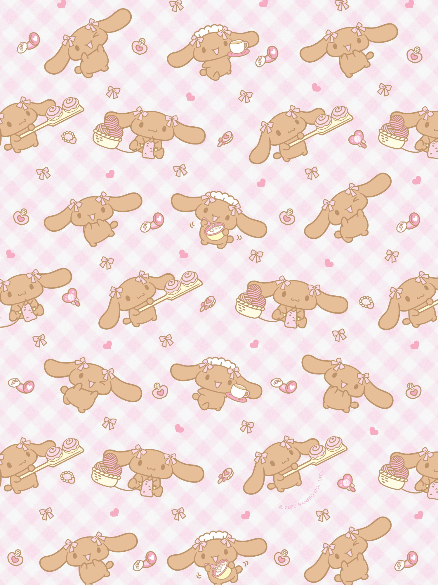 Pattern of Lovelymocha with baked goods and yarn on a pink background.