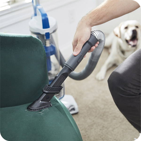 Man using Kenmore® upright vacuum attachment to clean couch