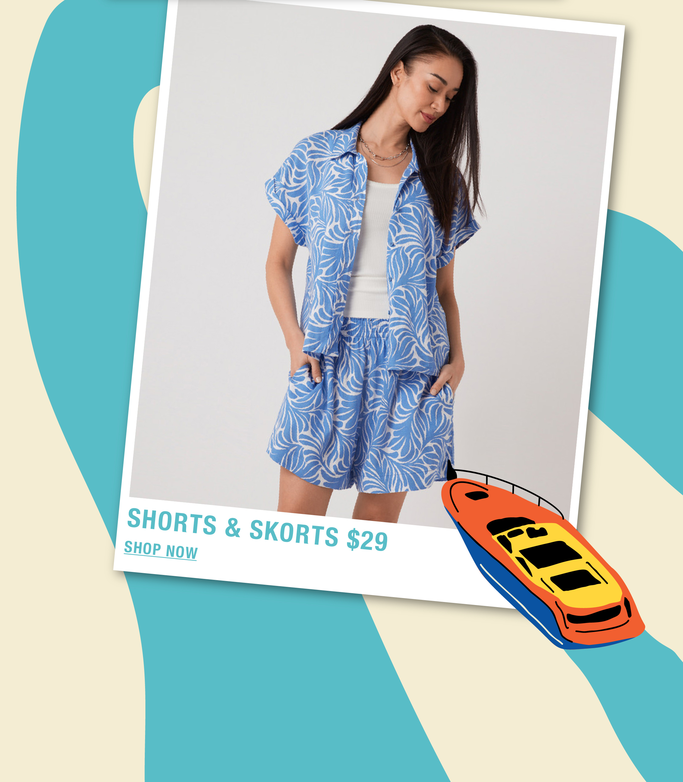 Model wearing a blue patterned outfit with a boat illustration.