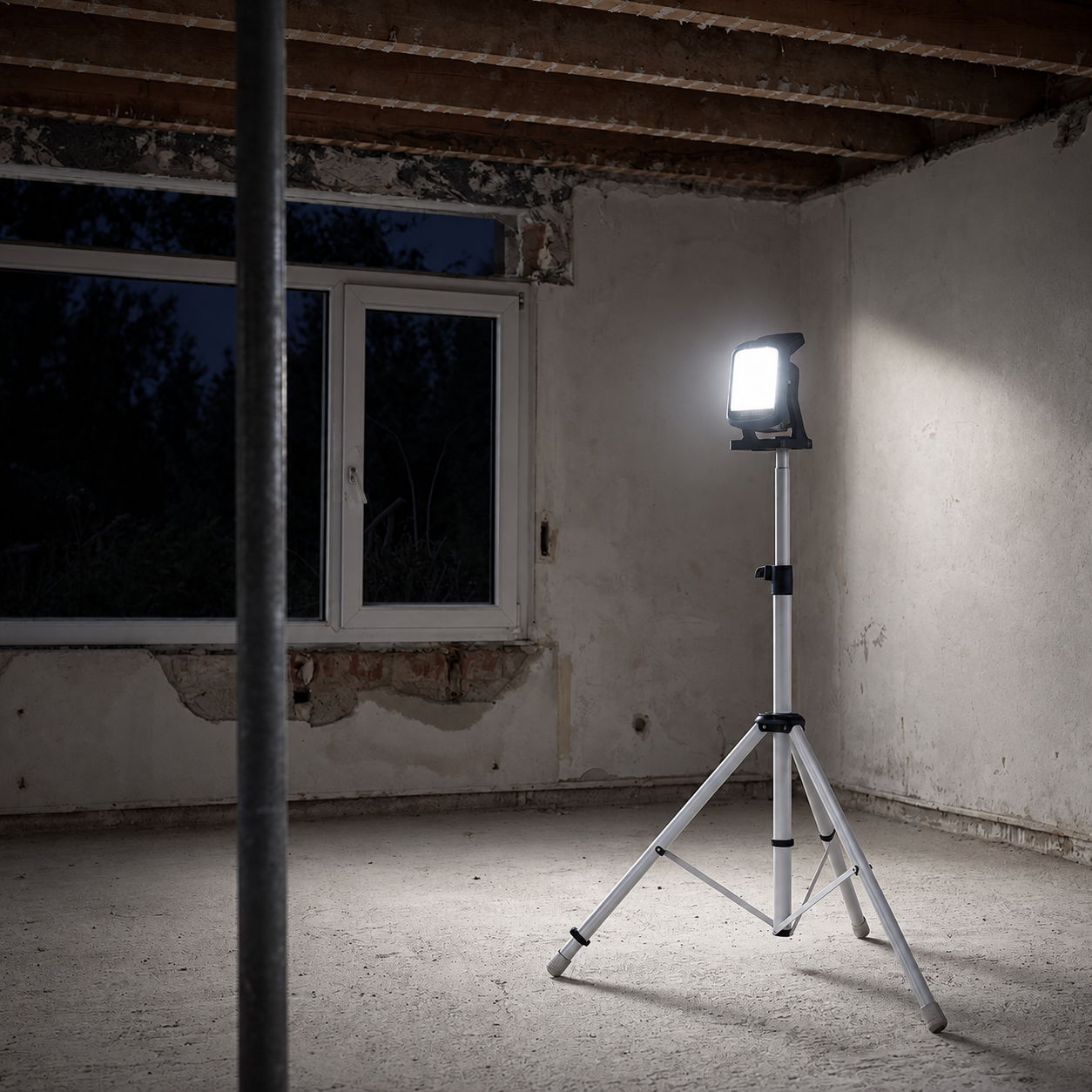 A construction light stands in an empty, dimly lit room.