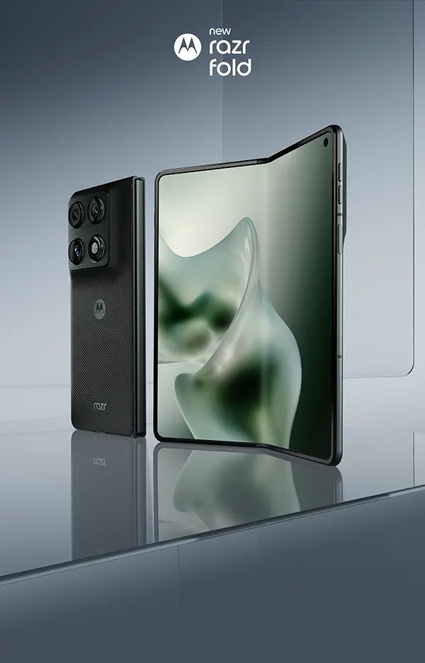 Motorola Razr Fold smartphone displayed in an elegant, reflective setting.