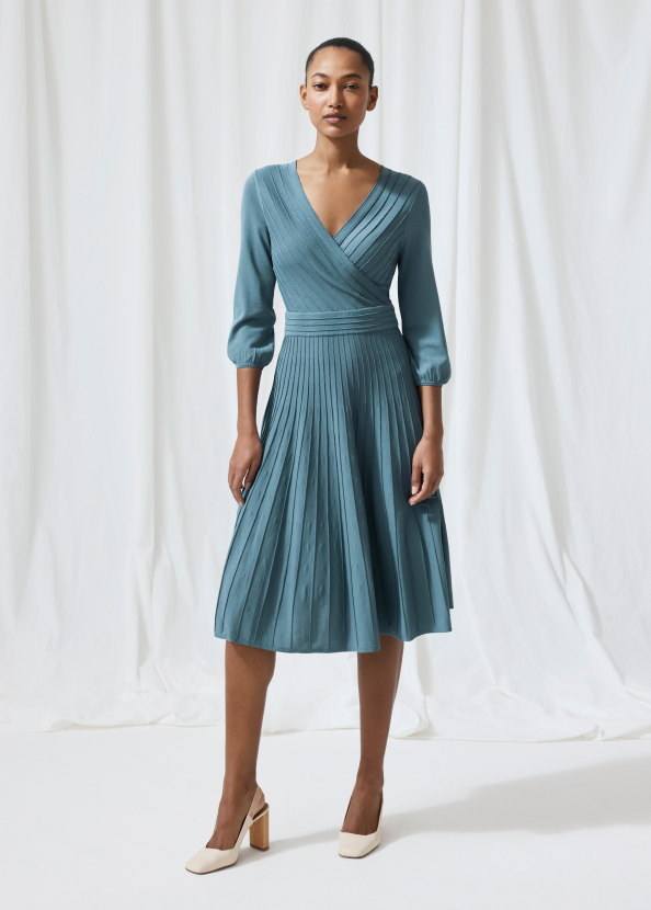 Model wearing lake blue Belluno dress