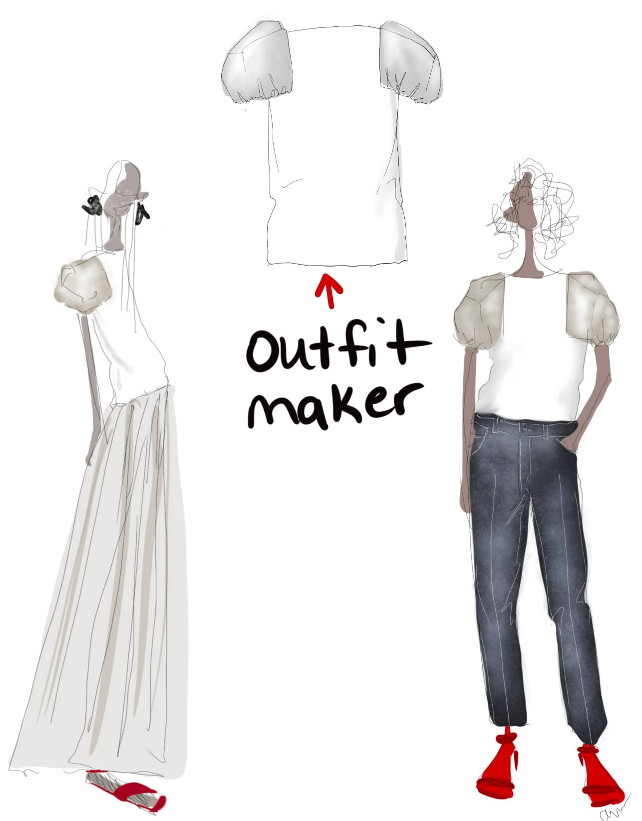 illustration of an outfit making top and two women wearing it in different ways