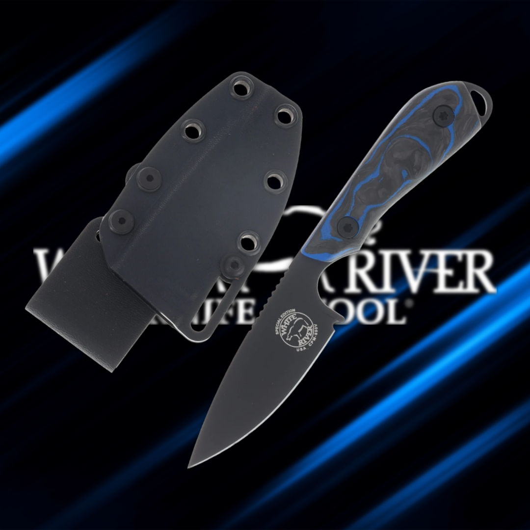 Knife with sheath against a blue and black background.