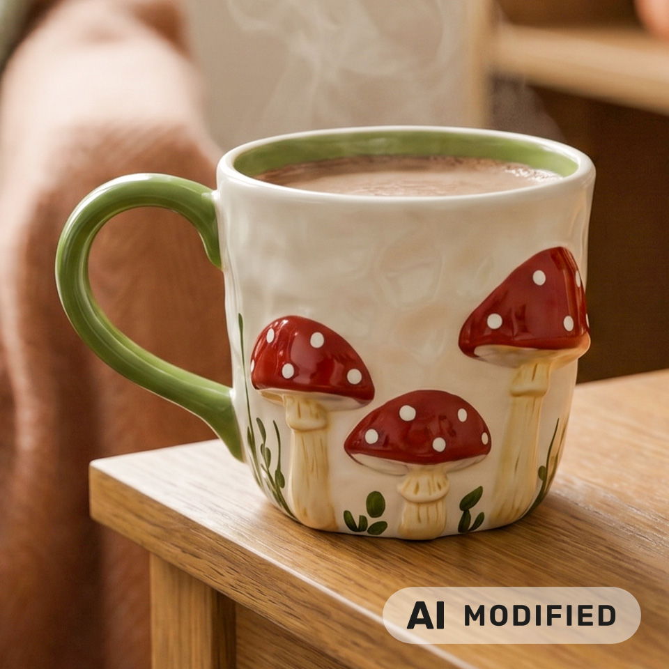 Un tasse décoratif avec des motifs de champignons sur une table en bois.