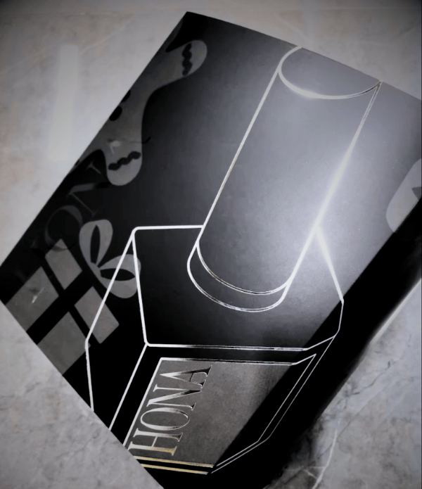 Black and white illustration of a nail polish bottle on a textured background.