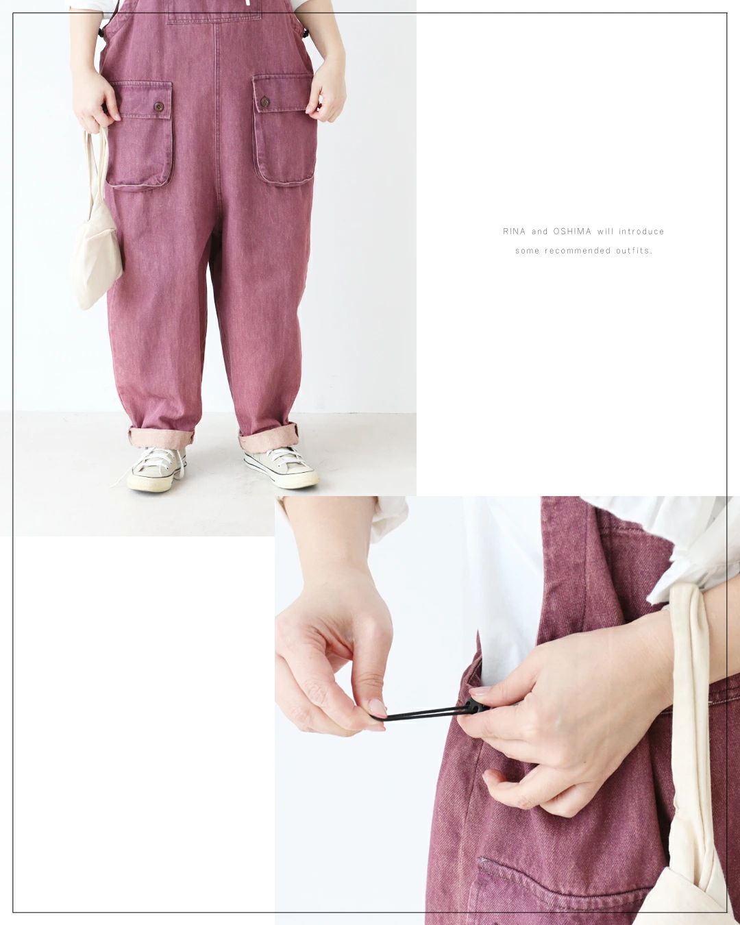 Person wearing purple overalls, adjusting a drawstring with hands.