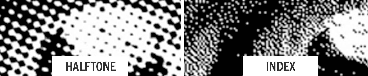A comparative close up image showing halftone process vs index process for preparing artwork for screenprinting. The left image shows a close up of a section of an eye in the halftone method of round black dots with varying spacing and the right image shows the same section of an eye depicted with square dots with varying spacing for the Index printing method.