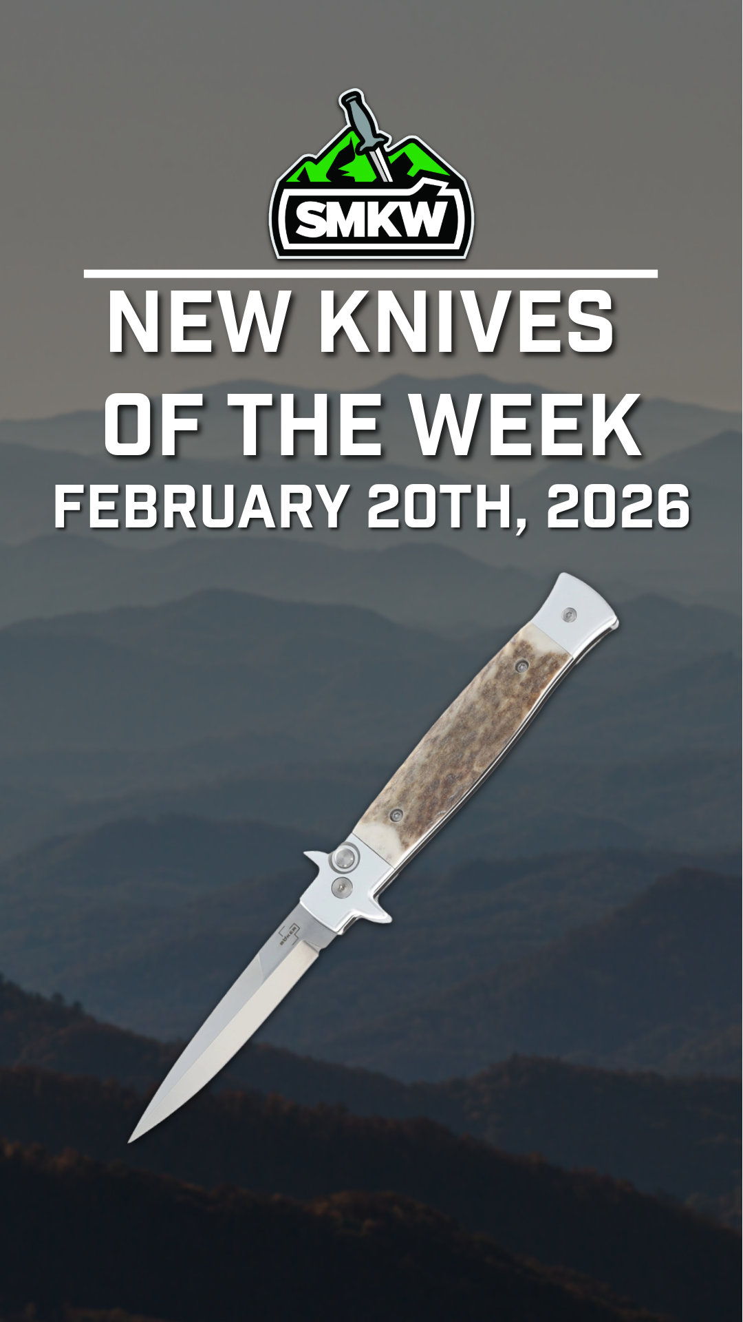 Image of a knife with text about new knives for February 20th, 2026.