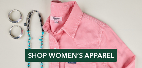 Pink shirt with accessories, promoting women's apparel shopping.