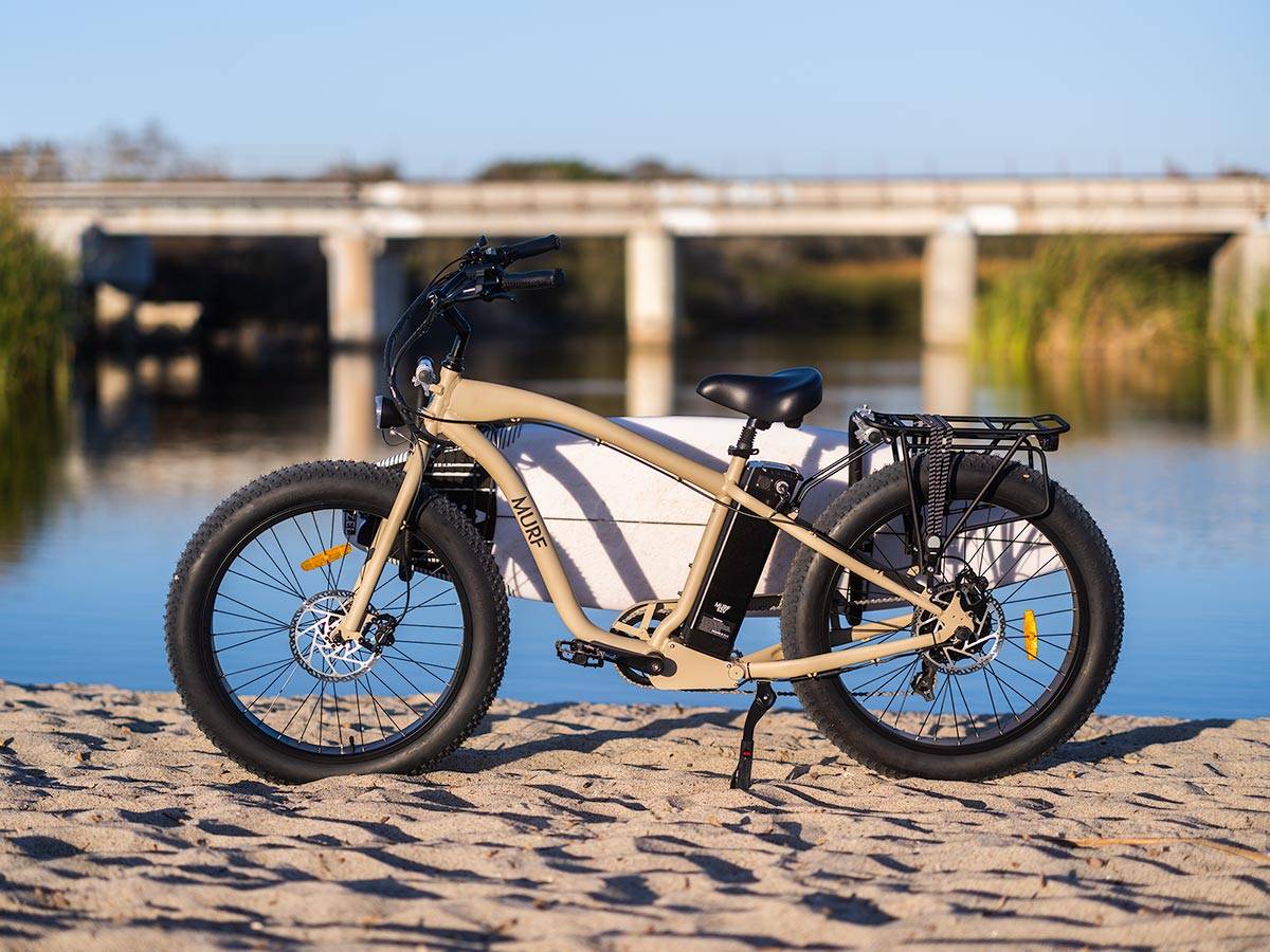 Fat Murf Electric Bike with surfboard attached 
