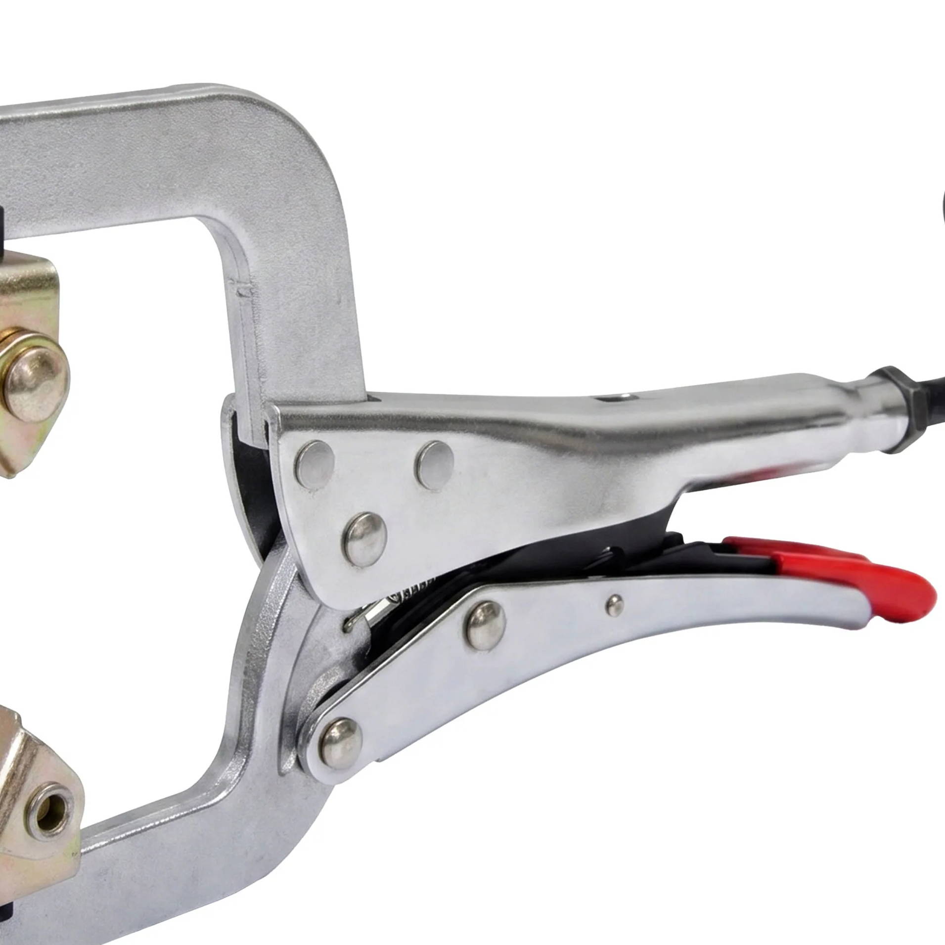 Metal crimping tool with adjustable jaws and handle for gripping.