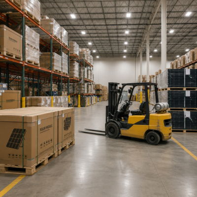 Forklift in a warehouse with stacked boxes on shelves.