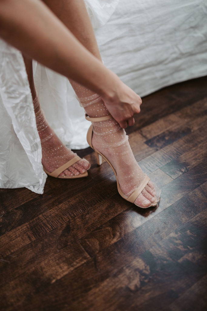 The Dosa heels in sand and shimmery socks