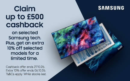 Samsung cashback promotion on selected tech, with additional discounts available.