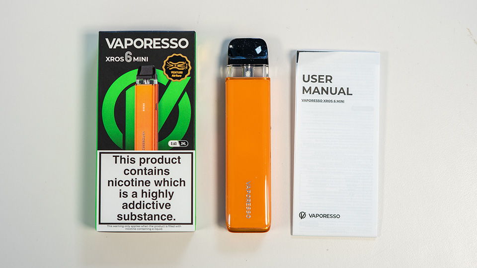 A picture of the Vaporesso XROS 6 Mini vape kit in the box 